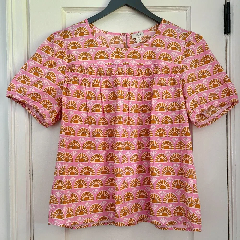 J.Crew Sunshine Fan Puff Sleeve Blouse 100% Cotton Poplin Pink Orange Size XL